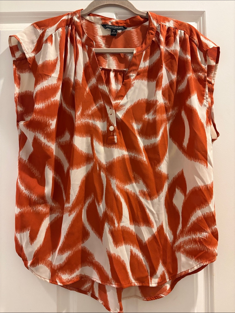 Banana Republic Orange and White Printed Cap-Sleeve Blouse